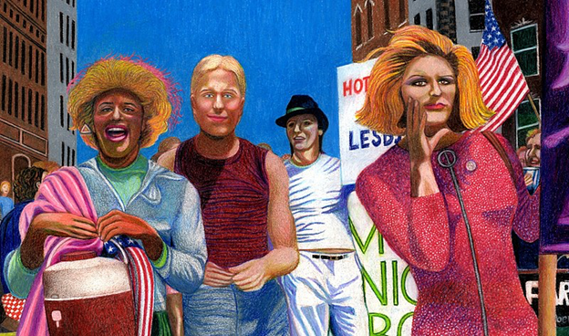 Artwork by Gary LeGault portraying Marsha P. Johnson, Joseph Ratanski, and Sylvia Rivera in the 1973 New York City Gay Pride Parade
