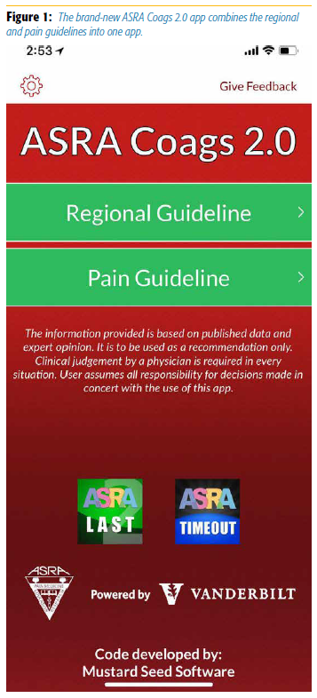 Figure 1. The brand-new ASRA Coags 2.0 app combines the regional and pain guidelines into one app
